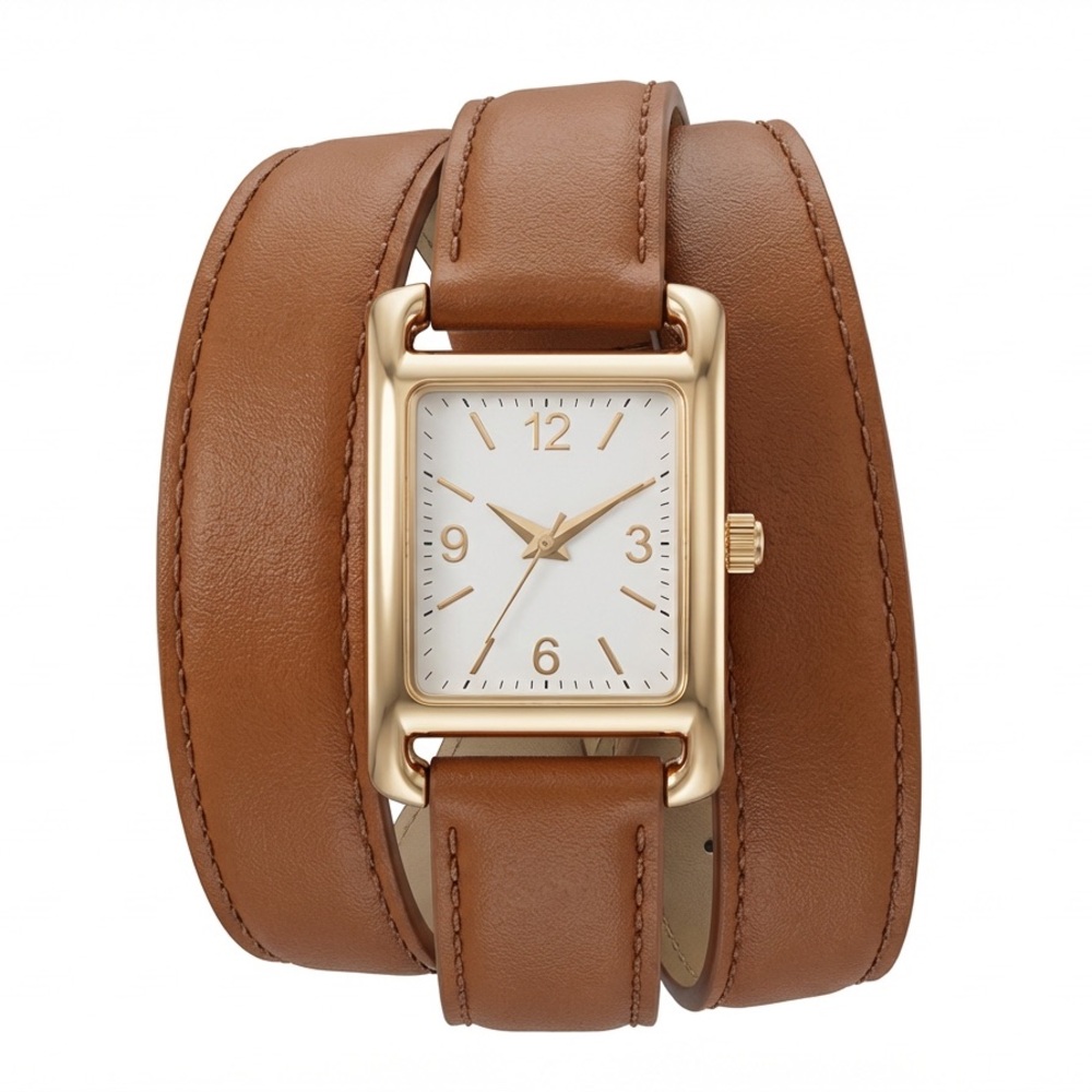 Trendy Double-Wrap Gold Rectangular Watch Brown L… - image 3